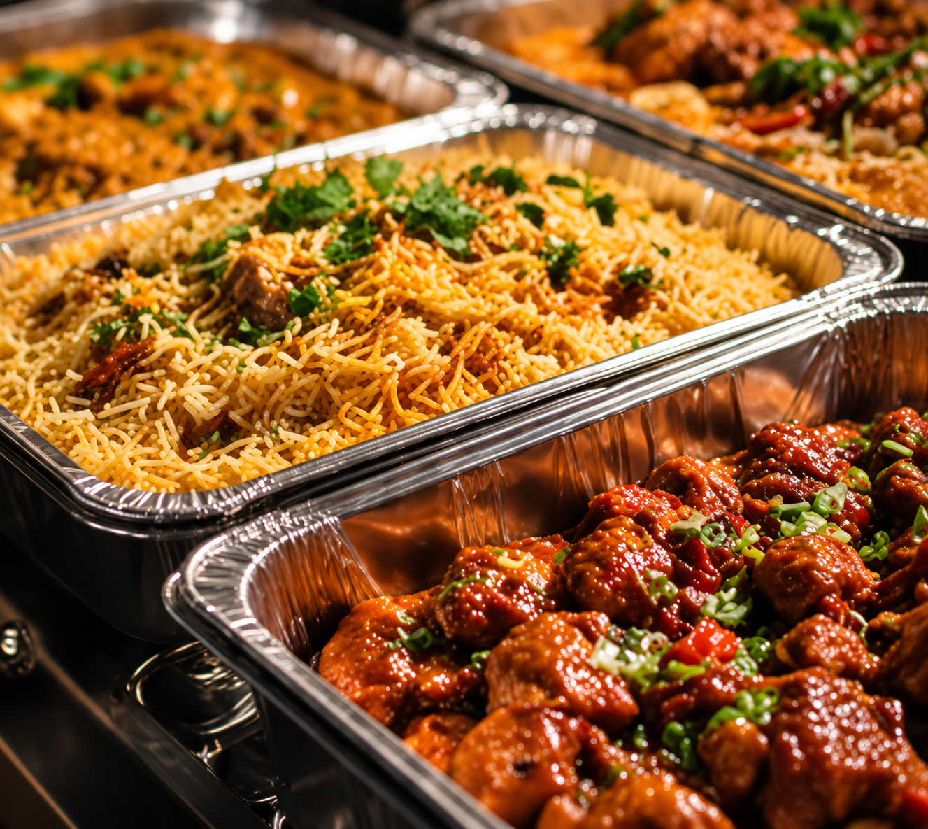 Catering trays of biryani, noodles and chicken